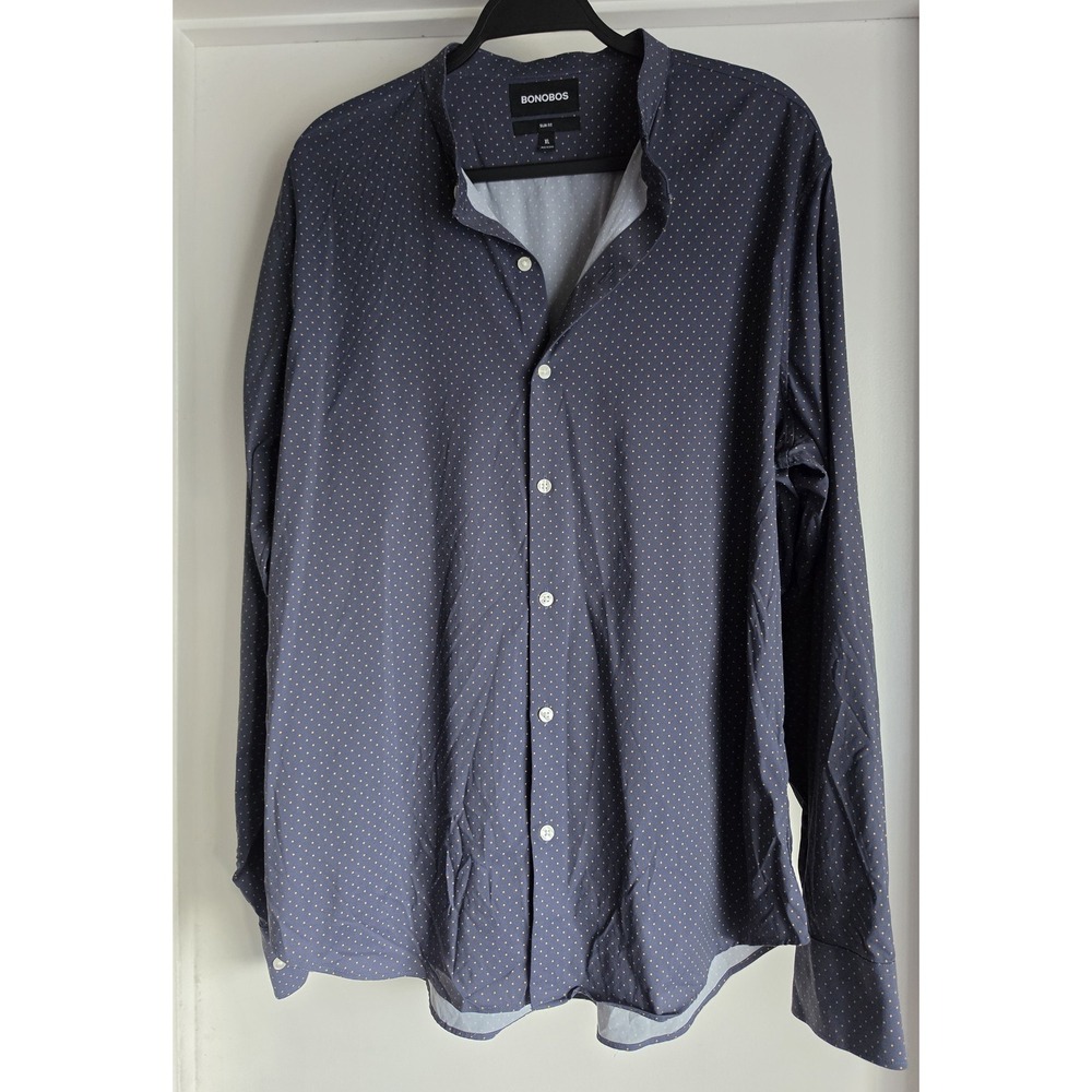 Bonobos Button-Down Shirt XL Long Sleeve Dark Blue Yellow Polka Dot Mao Neck